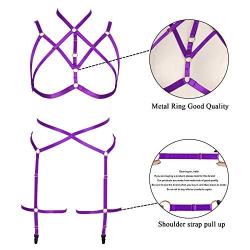 PUKHSS Women Body Harness Strappy High Elasticity Full Body Set with Cup Set for Valentine's Day Present (Purple)