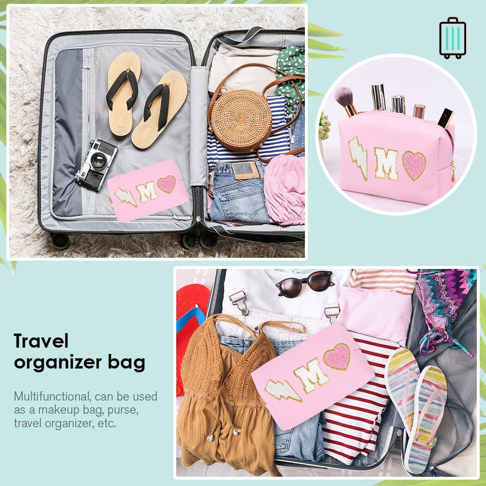 OEIPSMK OEIPSMK Personalized Makeup Bag Initial Chenille Letter Patch Cosmetic Bag Preepy Small Makeup Pouch Waterproof Leather Travel Toiletry Bag Monogram Make Up Pouch Birthday Gifts for Women, Medium