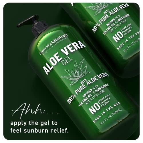 NEW YORK BIOLOGY THE ULTIMATE COSMECEUTICALS New York Biology Aloe Vera Gel for Face, Skin and Hair - Infused with Tea Tree Oil – From Fresh Aloe Vera Plant – Moisturizing Aloe Vera for Sunburn Relief and Dry Skin - 16.9 oz - Pack of 2