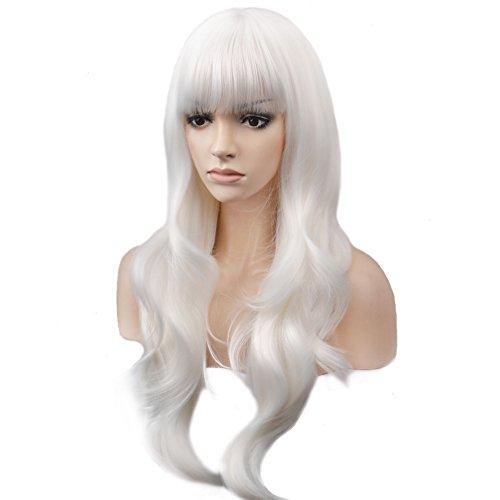 BERON BERON 26 Inches White Wig Long Wavy Wig with Bangs Synthetic Wig Long Wig White Wigs for Daily Party with Wig Cap