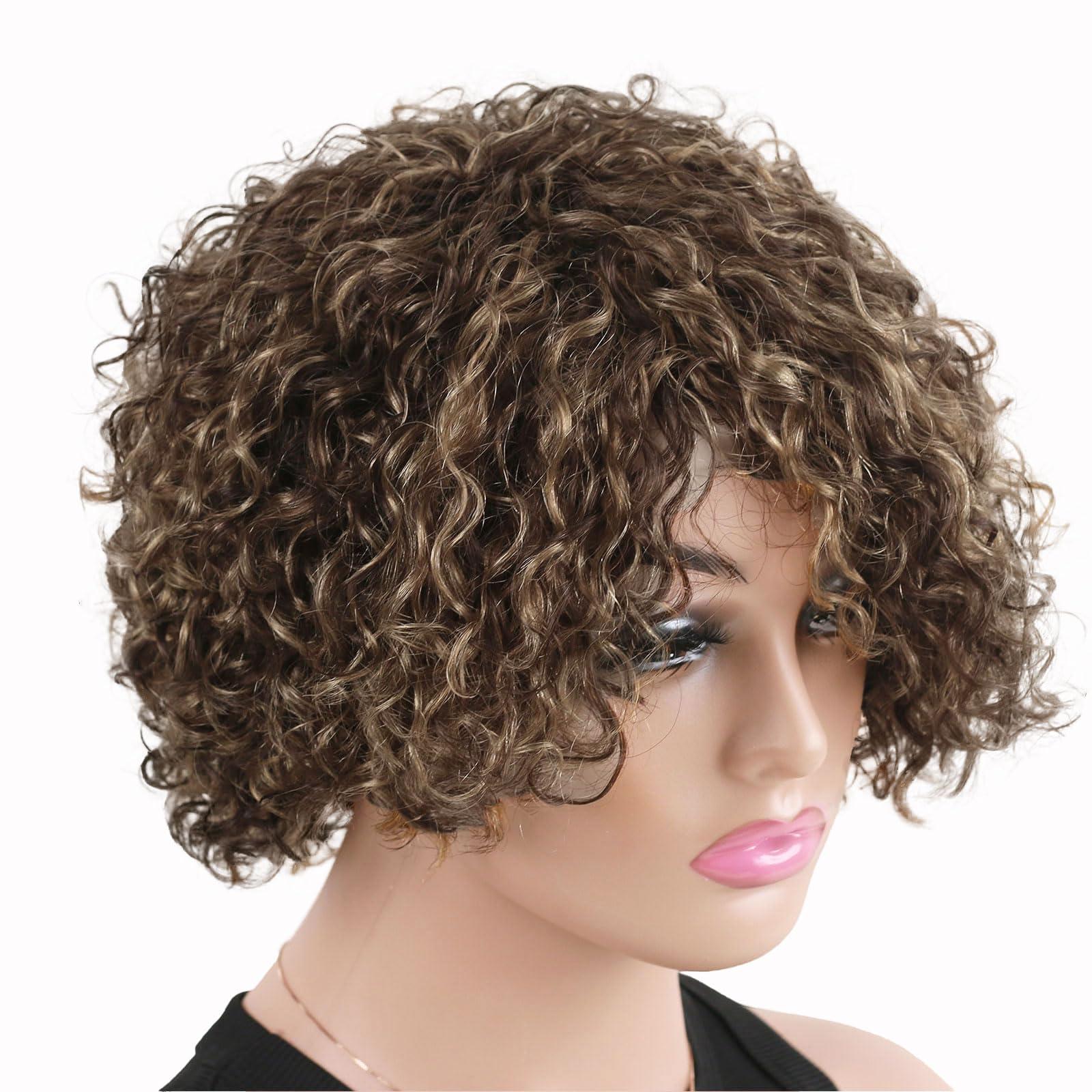 ManeMajesty ManeMajesty 8 Inch Ombre Curly Human Hair Wigs for Black Women Short Kinky Curly Afro Glueless Wig Highlight Brown Mixed Honey Blonde Side Part Jerry Curl Wig -100% Brazilian Human Hair P4/27