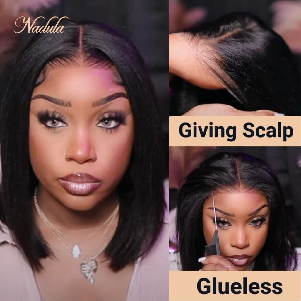 Nadula Nadula Bye Bye Knots Glueless Yaki Straight Bob 7x5 Lace Front Wigs Human Hair Pre Plucked Invisible Knots Pre Everything 3S Ready to Wear Short Yaki Bob Wigs Pre Cut 150% Density 12inch