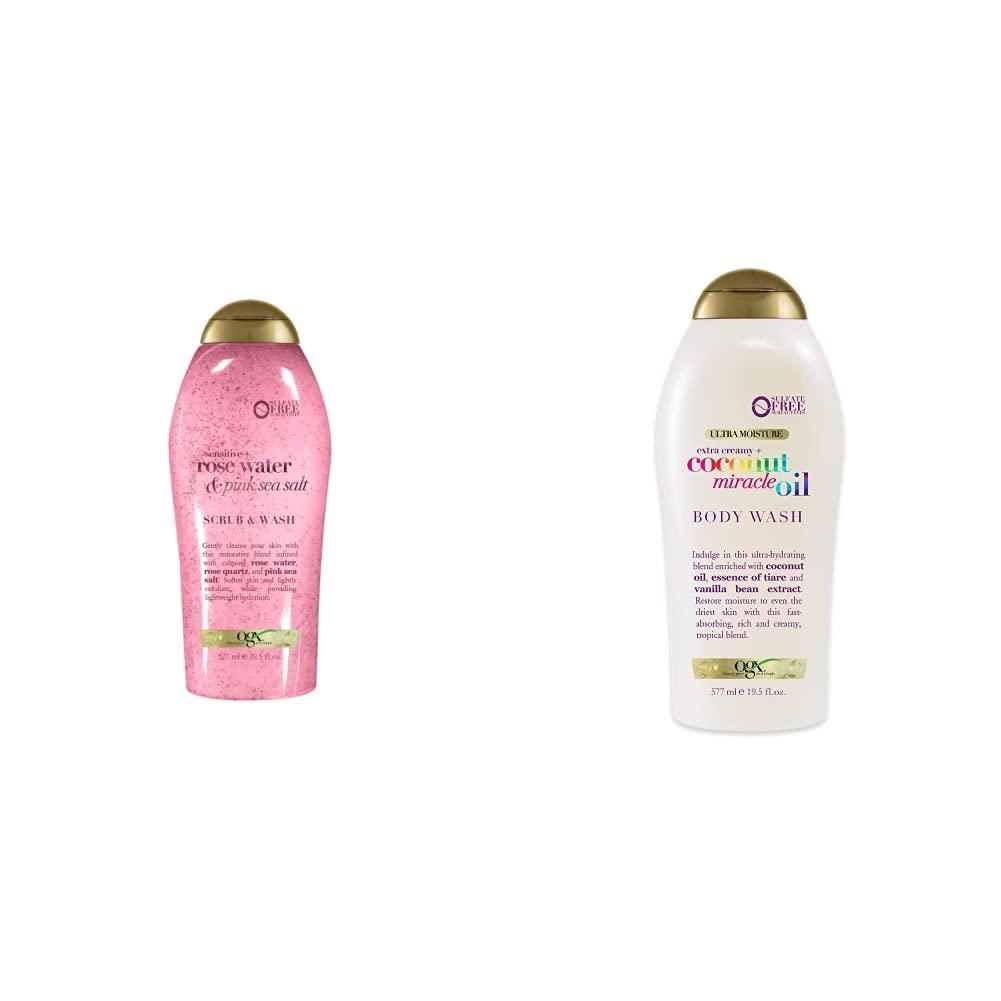 OGX OGX Extra Creamy + Coconut Miracle Oil Ultra Moisture Body Wash, 19.5 Fl Oz & Pink Sea Salt & Rosewater Gentle Soothing Body Scrub, Light Exfoliating Body Wash, Sulfate-Free, 19.5 Ounce, 1.0 Count