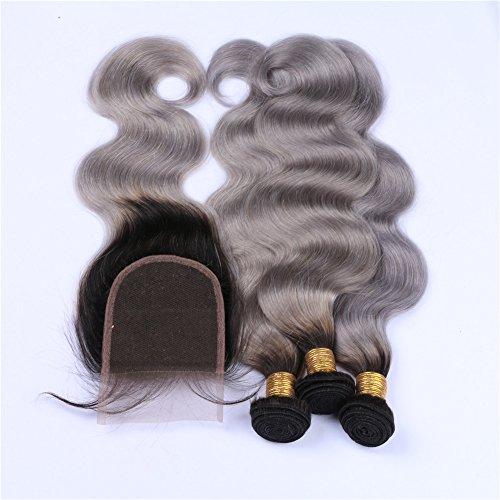 Tony beauty hair Tony Beauty Hair Silver Grey Ombre Brazilian Human Hair Wefts With Closure Body Wave Dark Roots 1B/Grey Ombre 4x4 Lace Closure With 3 Bundles 4Pcs Lot (24 24 24 with 20)