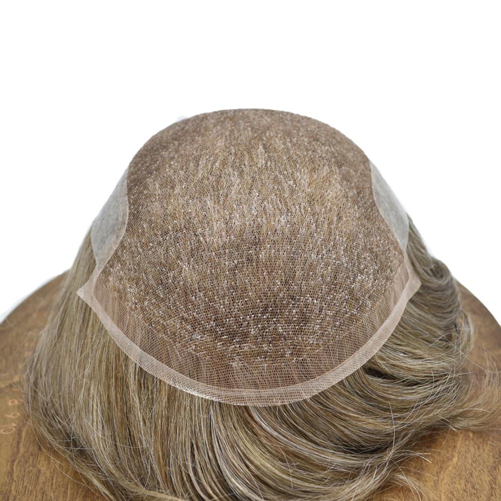 Hair Wonders Hair Wonders Hair System For Men Swiss Lace Men Toupee Hair Piece For Men Lace Front Toupee For Men Real Human Hair Mens Hair Replacement System 7x9-90% light density#740 7# VERY LIGHT BROWN+40% GREY