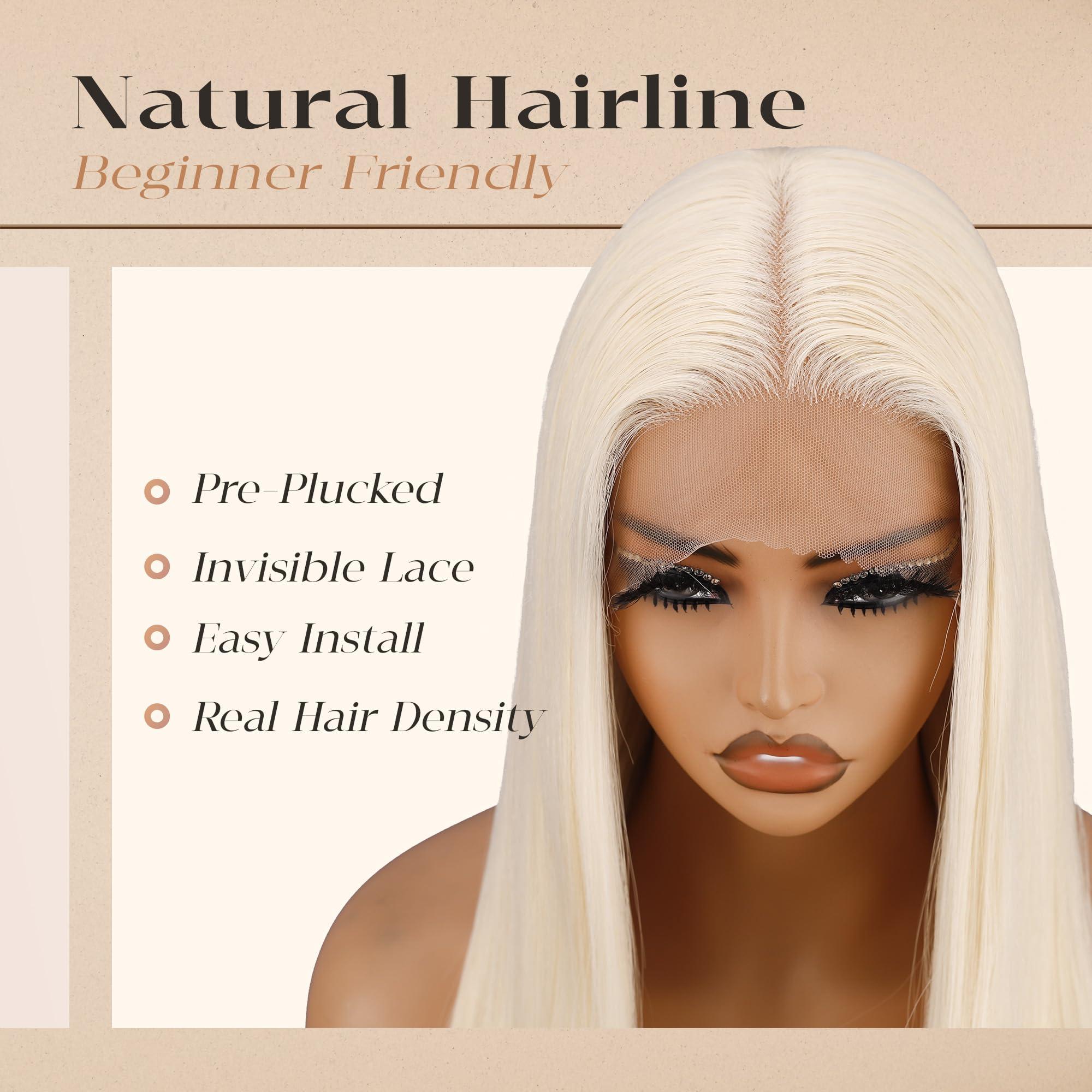 BLL 30 Inch Blonde Lace Wig, Platinum Blonde Lace Front Wigs White Synthetic Silk Straight Pelucas Natural Hairline 613 Wig (Light Blonde 613, 30 Inch)