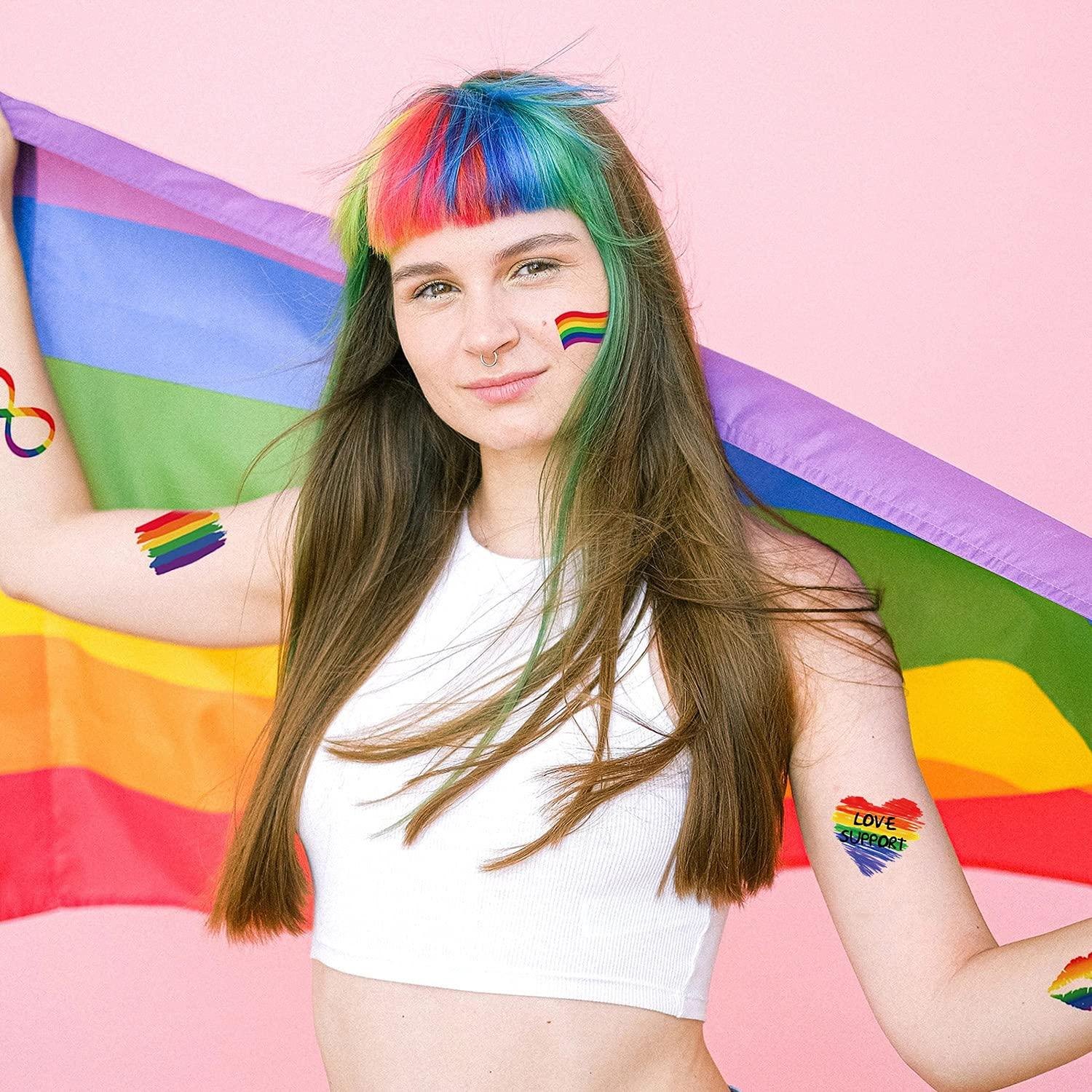 HAOYAN HAOYAN 20 Sheets Gay Pride Tattoo Stickers Set LGBT Face Rainbow Temporary Flower Arm Tattoo Stickers Rainbow Stickers