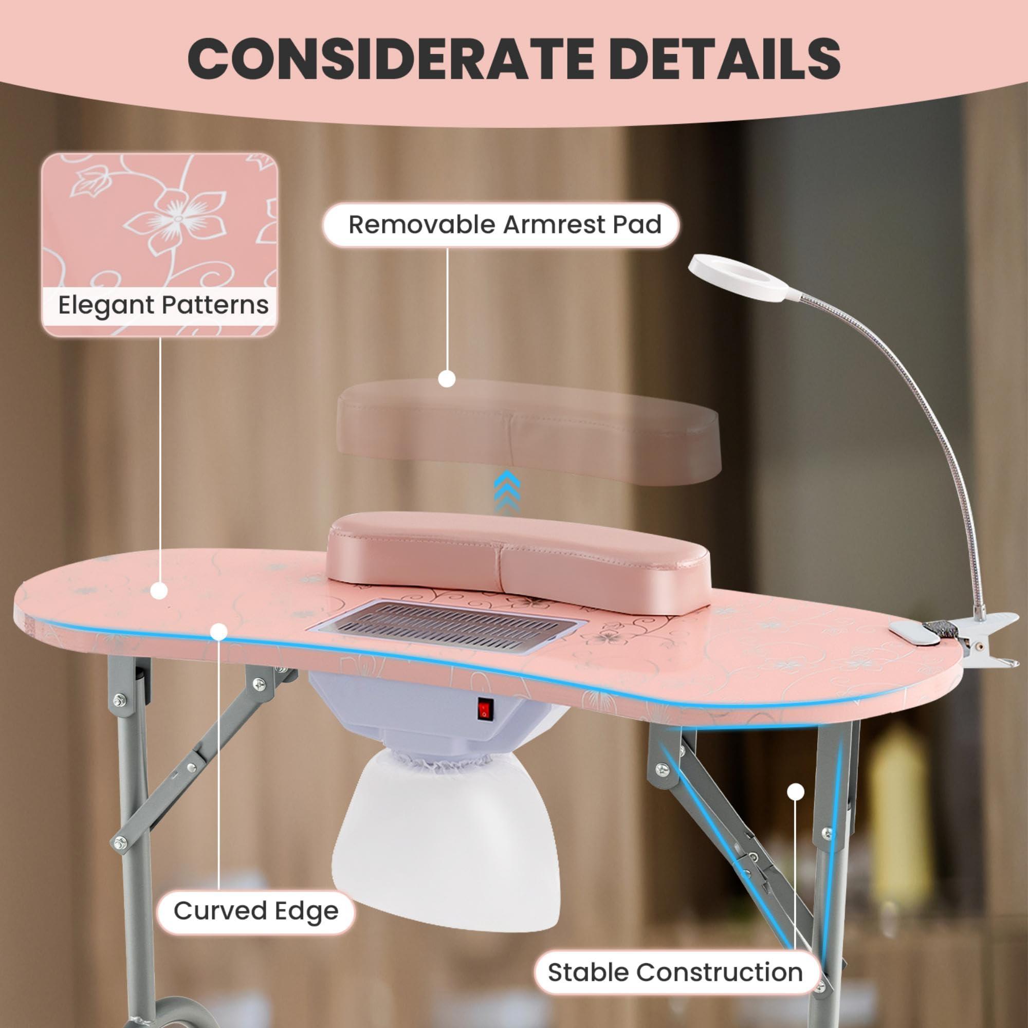 CHEFJOY CHEFJOY Portable Manicure Table, Foldable Nail Desk w/Electric Residue Collector, Bendable LED Lamp, Removable Armrest Pad, Lockable Wheels, Foldable Nail Table w/Carry Bag for Home, Salon, Pink