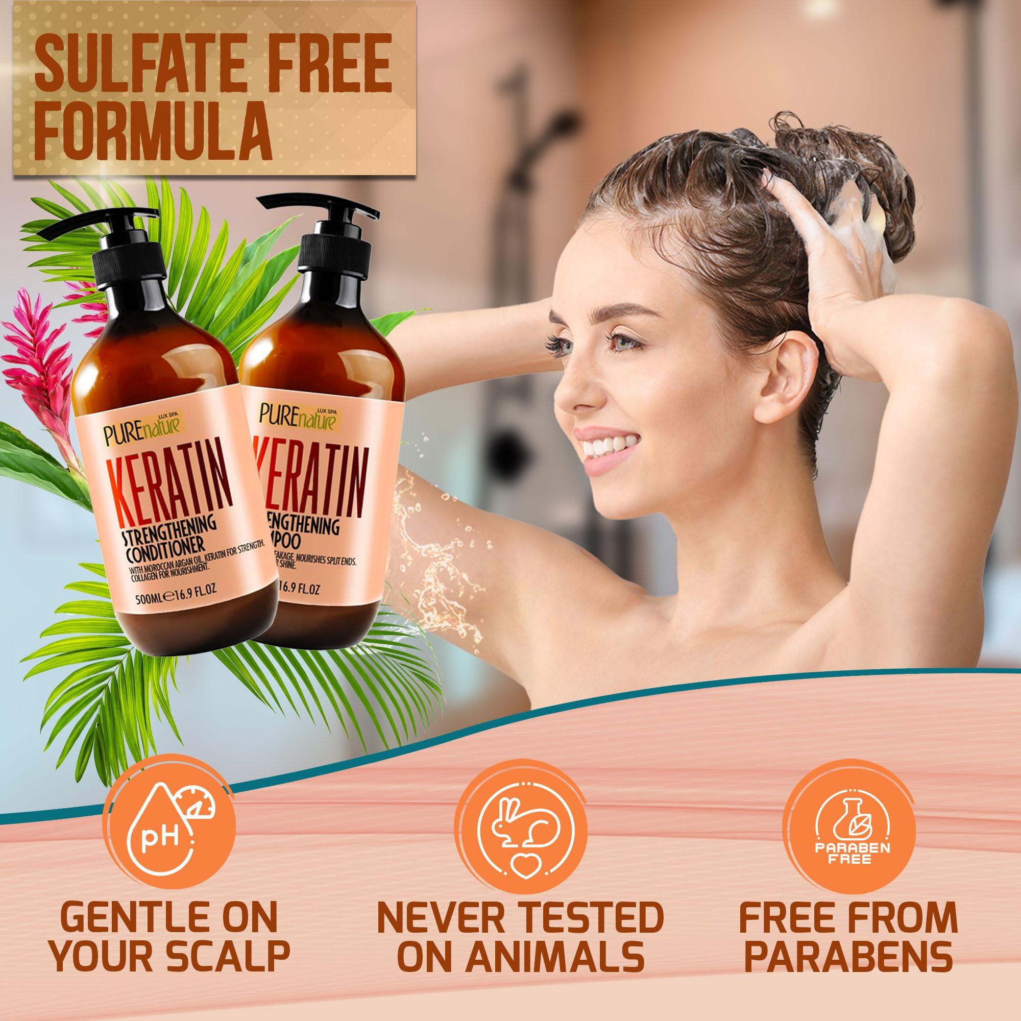 PURE NATURE LUX SPA Keratin Shampoo and Conditioner Set - Sulfate and Paraben Free Treatment for Dry Hair - Anti Frizz, Collagen Enriched Formula for Curly or Damaged Hair - Safe for Men and Women with Color Treated Hair
