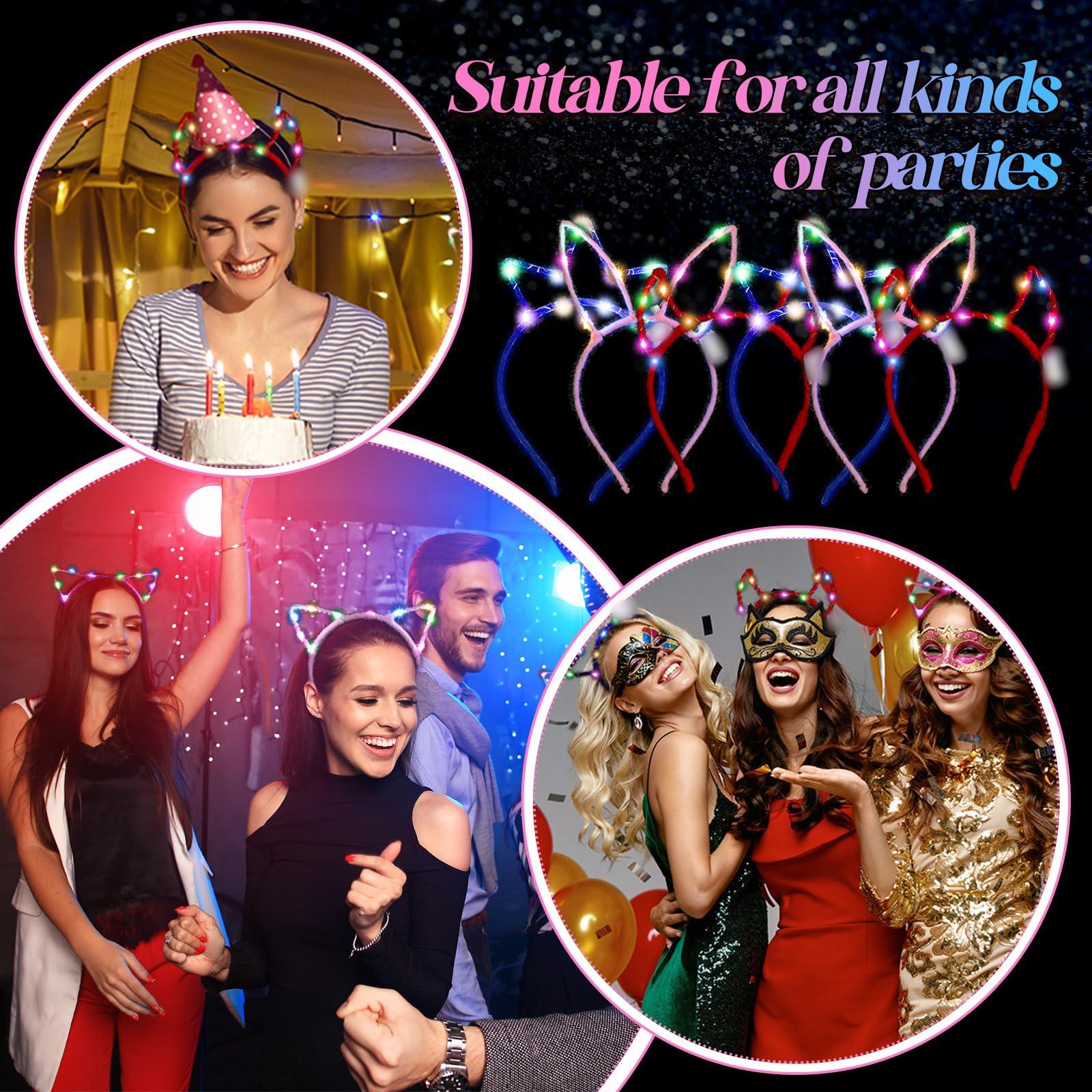 Xinnun 50 Pcs LED Cat Ear Headbands Bulk, Light up Flower Headband Glow Crown Rabbit Ear Hairband Luminous Head Accessories for Glow in the Dark Party Supplies