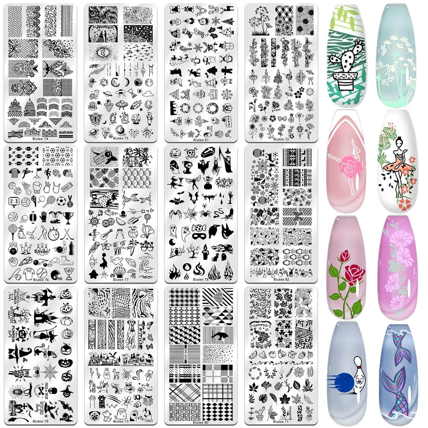 Biutee Biutee Nail Art Stamping Plate Set Nail Stamping Kit with Silicone Nail Stamper Flower Leaves Animal Lace Star Rose Holiday Design Nail Stamp Plate Valentine Nail Stamp Template