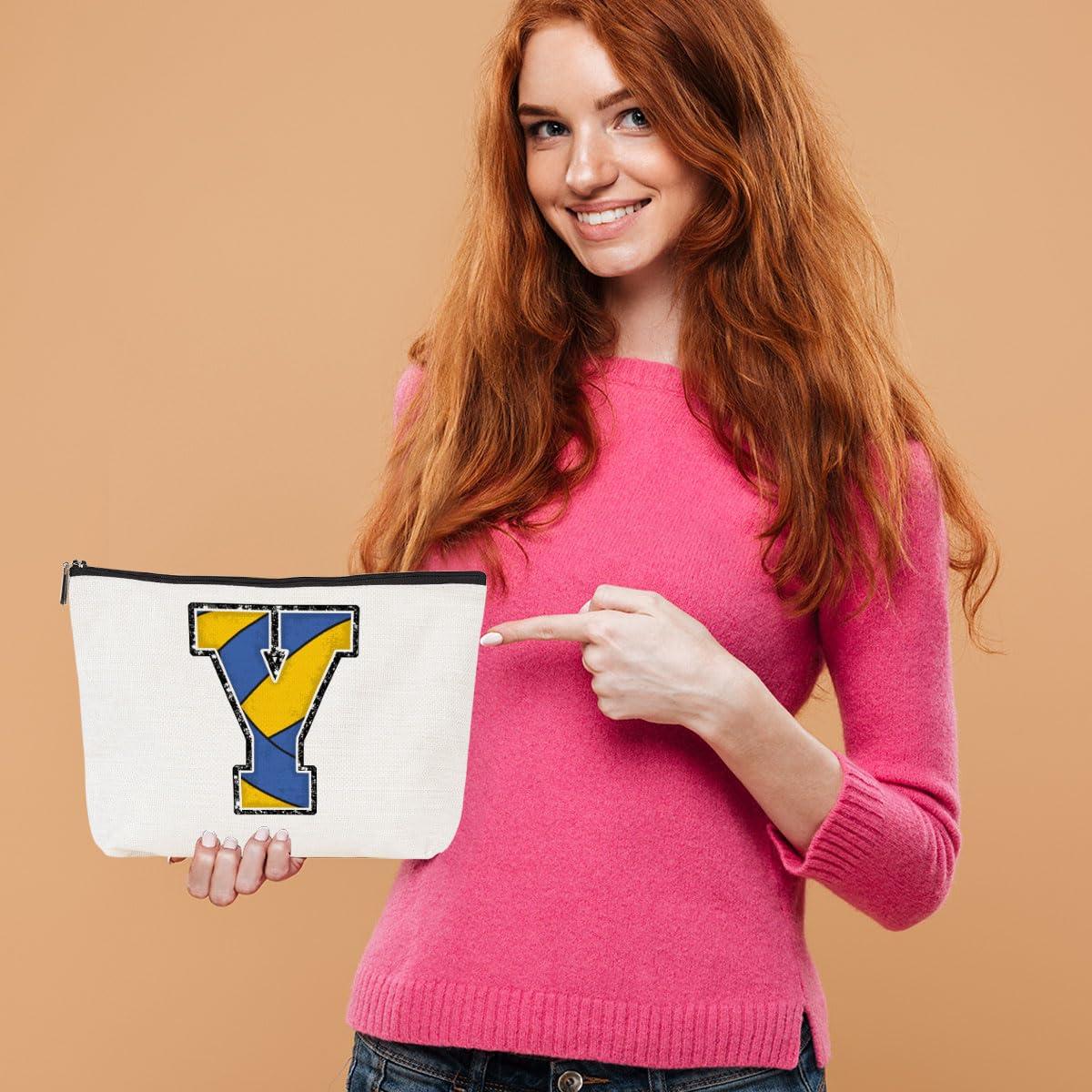 CQM Volleyball Gifts Initial Makeup Bag Monogrammed Cosmetic Bag Letter Y Zipper Pouch Volleyball Accessories for Girls Women Volleyball Player Coach Friend Volleyball Stuff Graduation Birthday Gifts