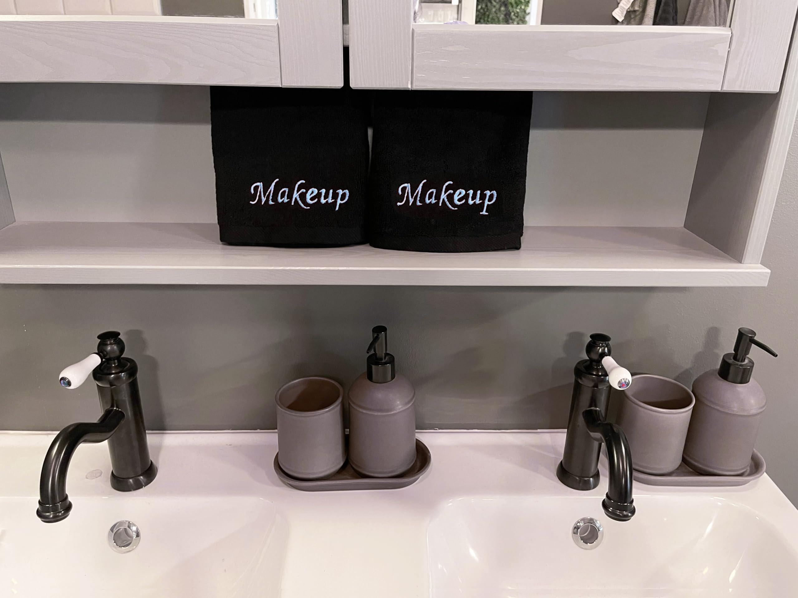 Liberty21 Makeup Remover Eraser Cloths. Reusable towel set. Facial Cleansing washcloths. 100% Cotton. Set of five. (Black & Blue Embroidery, 13 X 13)