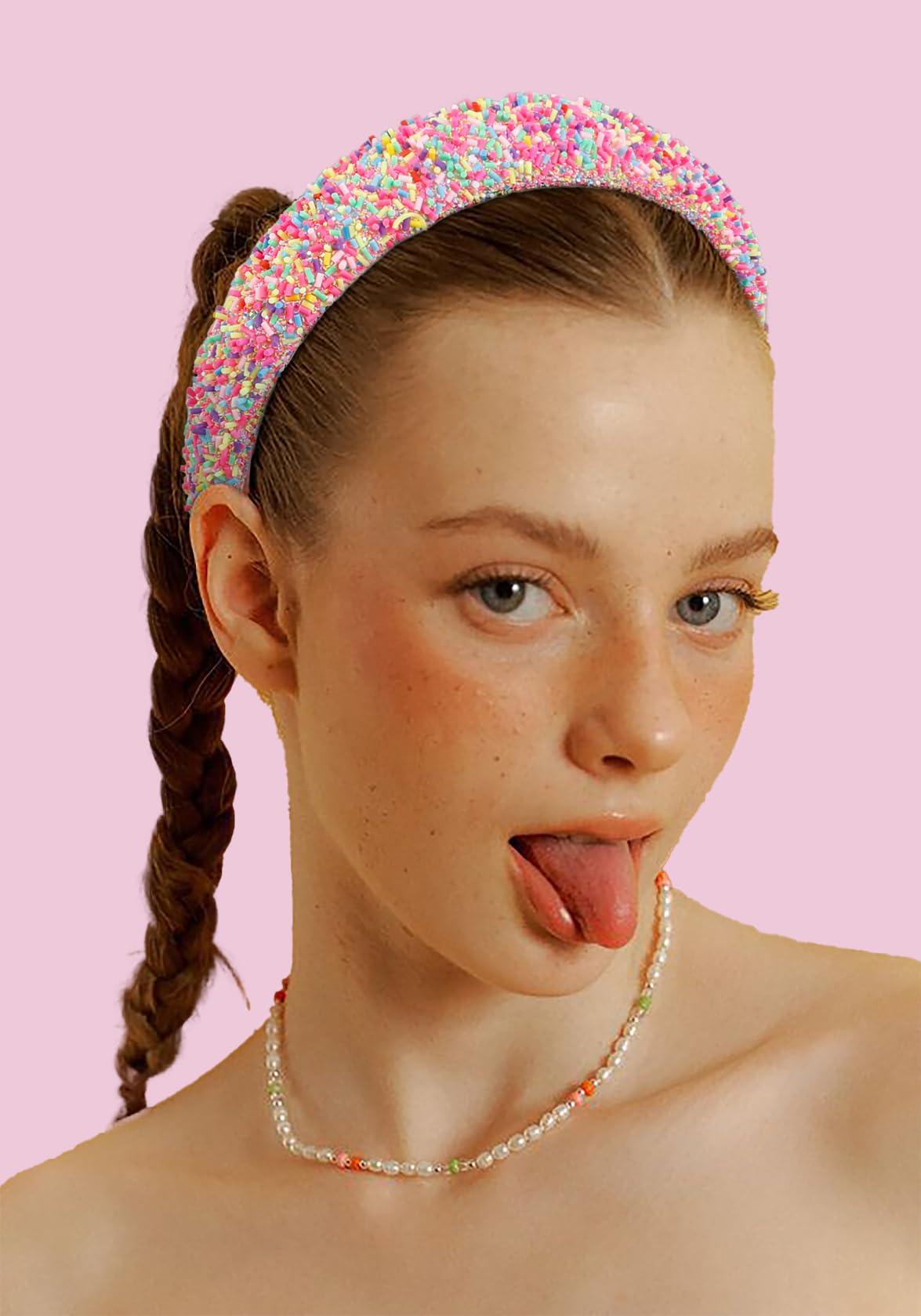 TEBIEKOY TEBIEKOY 2Pcs Sprinkle Headbands for Women Girls Wide Padded Head Bands for Women\'s Hair Non Slip Pink Purple Headband Thick Donut Hairbands Cute Hair Accessories