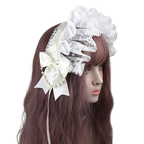 SANGHAI SANGHAI Women Bandana Lolita Ruffled Lace Headband Crisscross Ribbon Bow Pearls Chain Maid Hair Band Light Blue