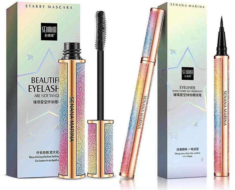 SENANA MARINA 4d Silk Fiber Lash Mascara, SENANA MARINA Eyeliner & Mascara Set - Black Liquid Eyeliner Pencil/Waterproof Mascara - Sky High Mascara Black Volume and Length Lengthening No Clumping
