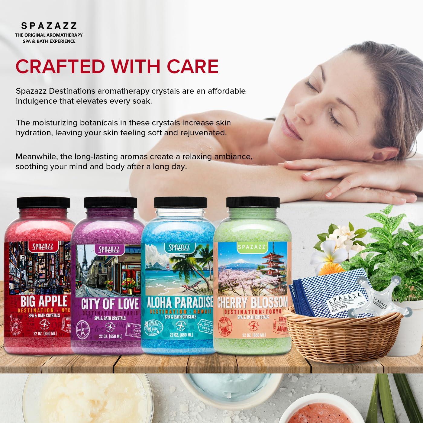 SPAZAZZ Hot Tub & Spa Aromatherapy Bath Salt Crystal Scents Spazazz Destinations Collection Bundle Aloha Paradise, Big Apple, City of Love, Cherry Blossom - Skin Moisturizer - Will Not Damage Spas & Hot Tubs