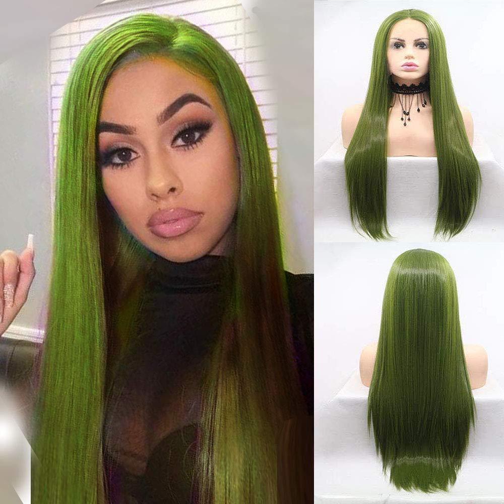 karissa Hair Green Wig Long Lace Front Wig for Women Olive Green Synthetic Wig Realistic Looking Handmade Straight Forest Green Lace Wigs Glueless Synthetic Heat Resistant Fiber Hair Cosplay 24 Inches