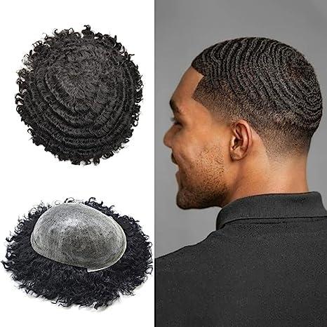 Healthlif Healthlif Durable Poly Skin Hair Units Black Men Toupee Brazilian Hair PU Injection Afro Toupee For Black Men Afro Wave Kinky Curly Hairpieces 8X10 12MM Afro Wave #1 Jet Black