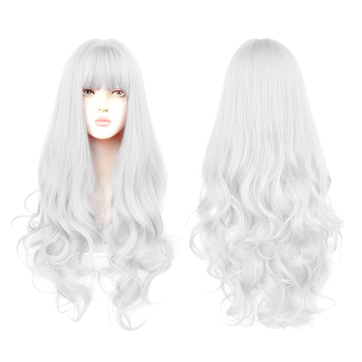 sorkwo sorkwo White Wig for Women Long White Wig Curly Wavy Hair Wigs for Daily Harajuku Lolita White Cosplay Wig Party Wig