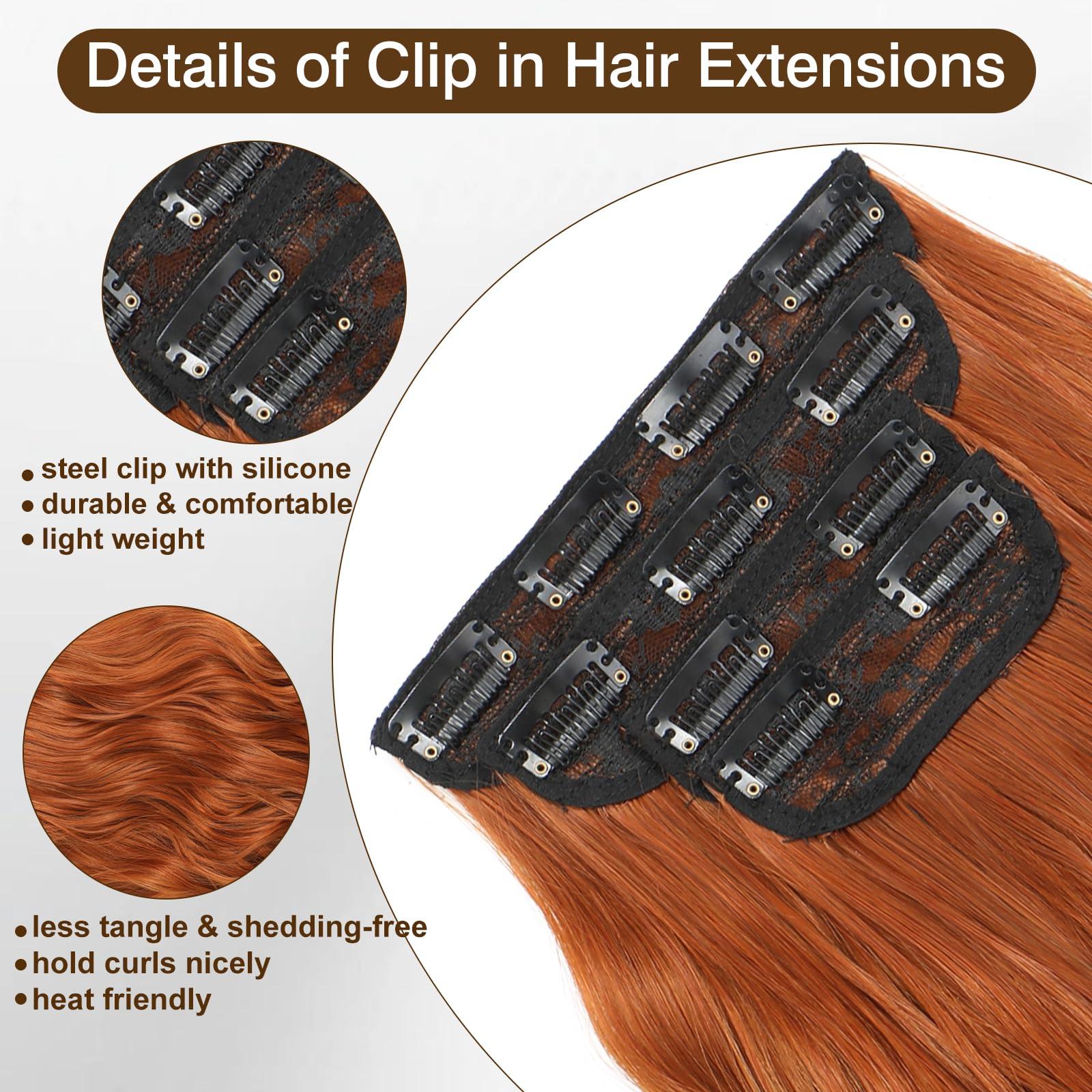 HaEver Clip In Long Wavy Synthetic Copper Red Hair Extensions 4PCS Thick and Lightweight Clip in Hair Extensions Fiber Hairpieces for Women 24inch