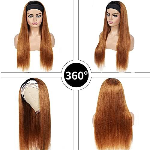 YiweYowe YiweYowe Brown Straight Headband Wigs Human Hair 1B30 Brown Ombre Wigs Medium Auburn Wigs Dark Root Glueless None Lace Wig 150% Density Brazilian Virgin Hair Machine Made Headband Wig 30 Inch