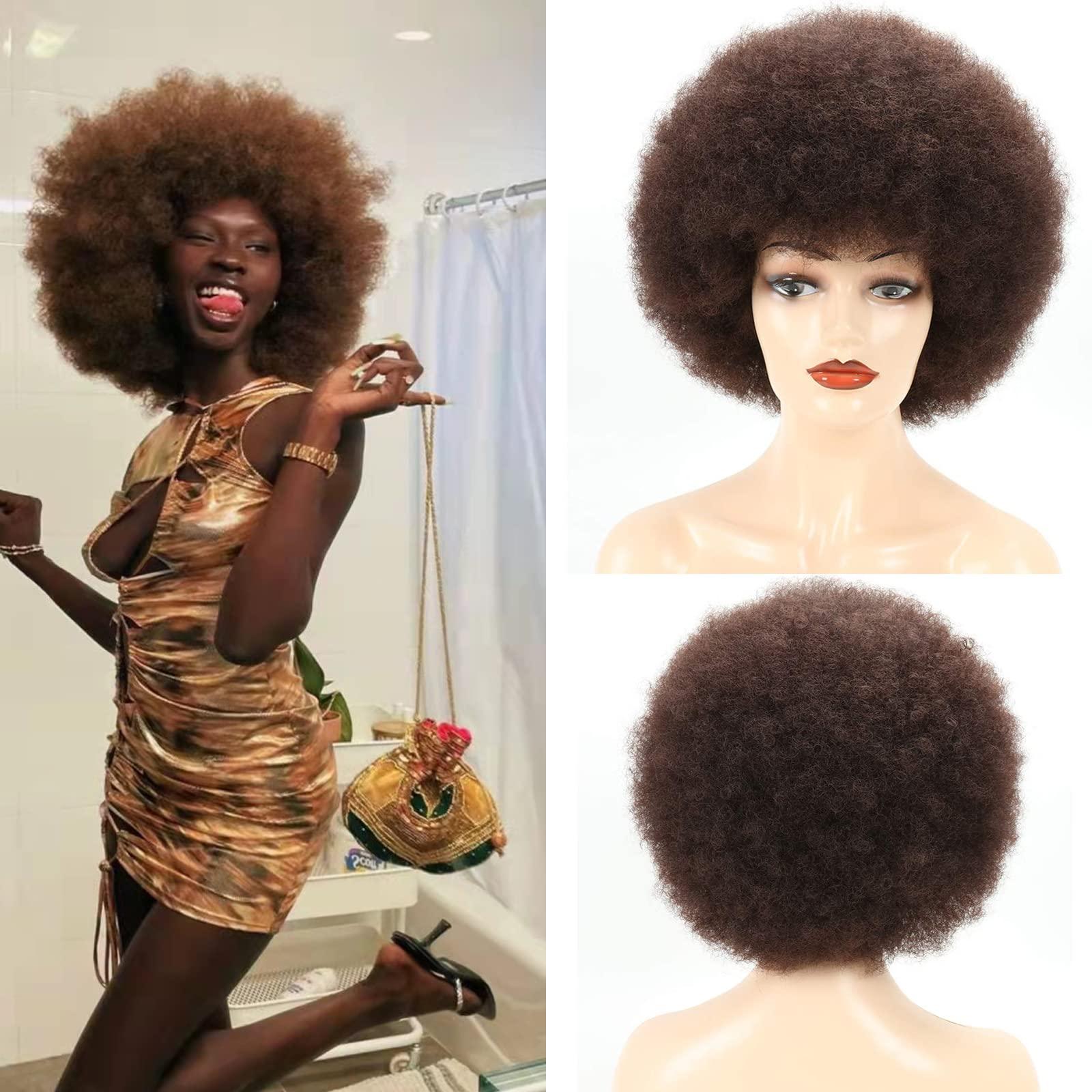 Petelf Short 70s Afro Wigs for Black Women Kinky Curly Brown Afro Puff Wig Bouncy and Soft Natural Looking Disco Party Wig Medium Premium Synthetic Women Afro Wig for Daily Cosplay Costume