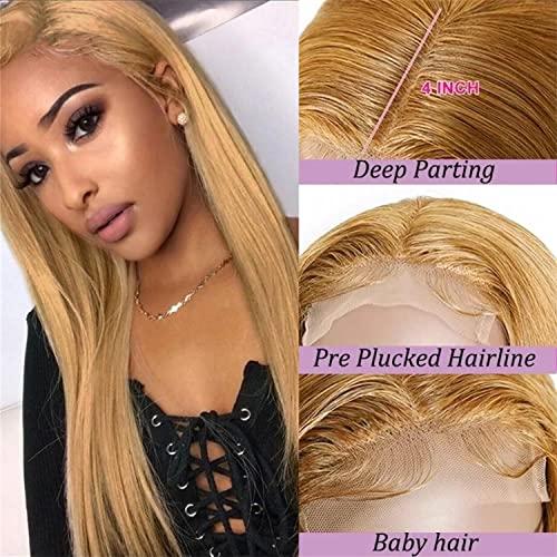 YILINHEXUAN Honey Blonde Lace Front Wig Human Hair Straight Blonde Wig Human Hair Pre Plucked Bleached Knots 13X4 Lace Front Wig Human Hair Transparent Lace 9a Grade Curly Human Hair Wig For Women 14 Inch