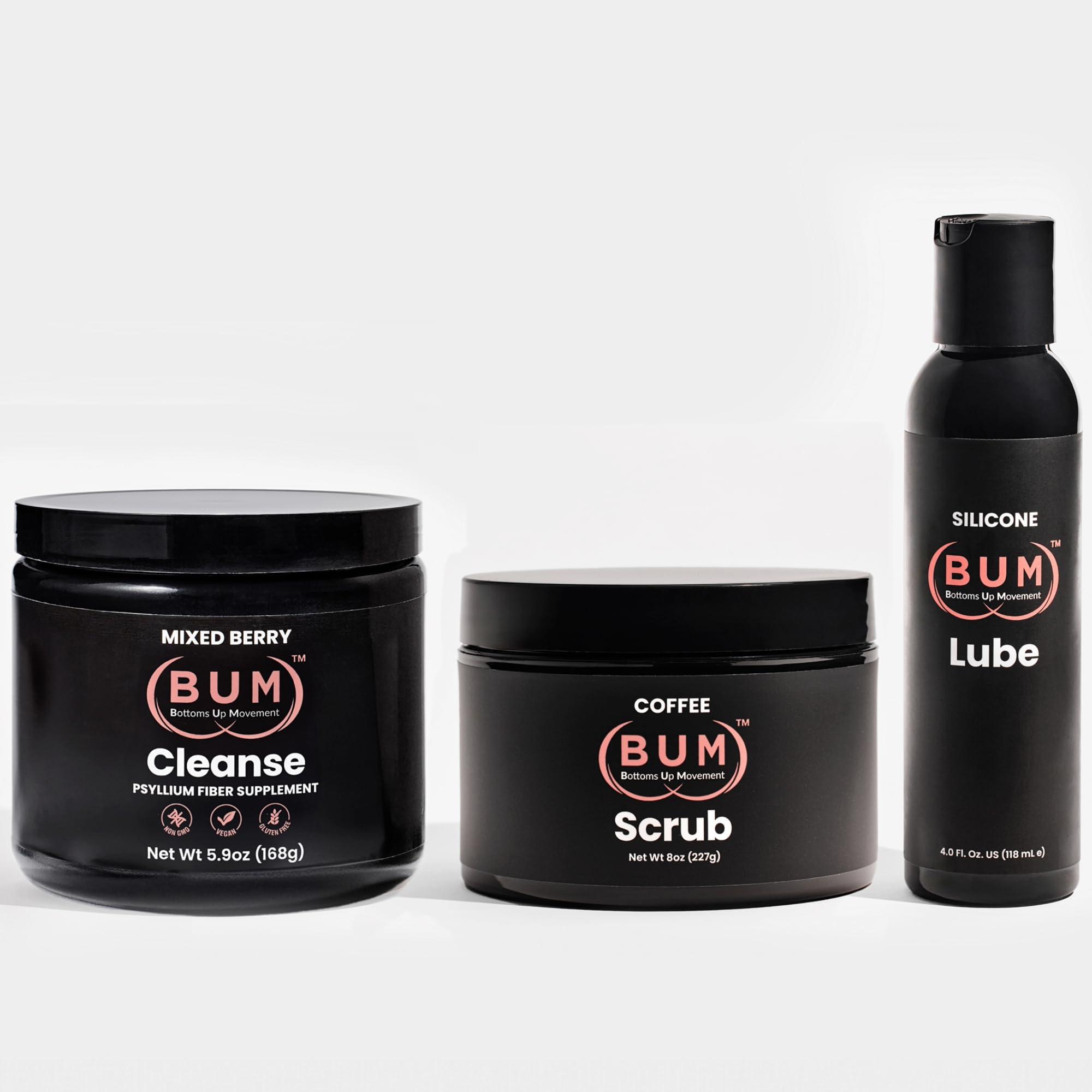 (BUM) Bottoms Up Movement Ultimate Self-Care Bundle: Silicone Lube, Coffee Scrub & Psyllium Fiber Supplement  Long-Lasting Glide, Exfoliated Skin, Clean Digestion for Comfort & Confidence