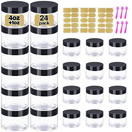 DupakSYS 4 oz Plastic Containers with Lids + 1oz Small Containers with Lids (Set of 24) Plastic Jars with Lids Cosmetic Jar - for Lip Scrub, Body Butters, Cream, Slime, Craft Storage