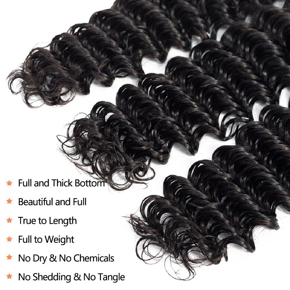 YOCYTU 12A Deep Wave Human Hair Bundles 26 28 30 Inch Brazilian Deep Wave Curly Bundles Human Hair 3 Bundles 100% Unprocessed Virgin Remy Wet and Wavy Human Hair Weave Bundles Deals Natural Black