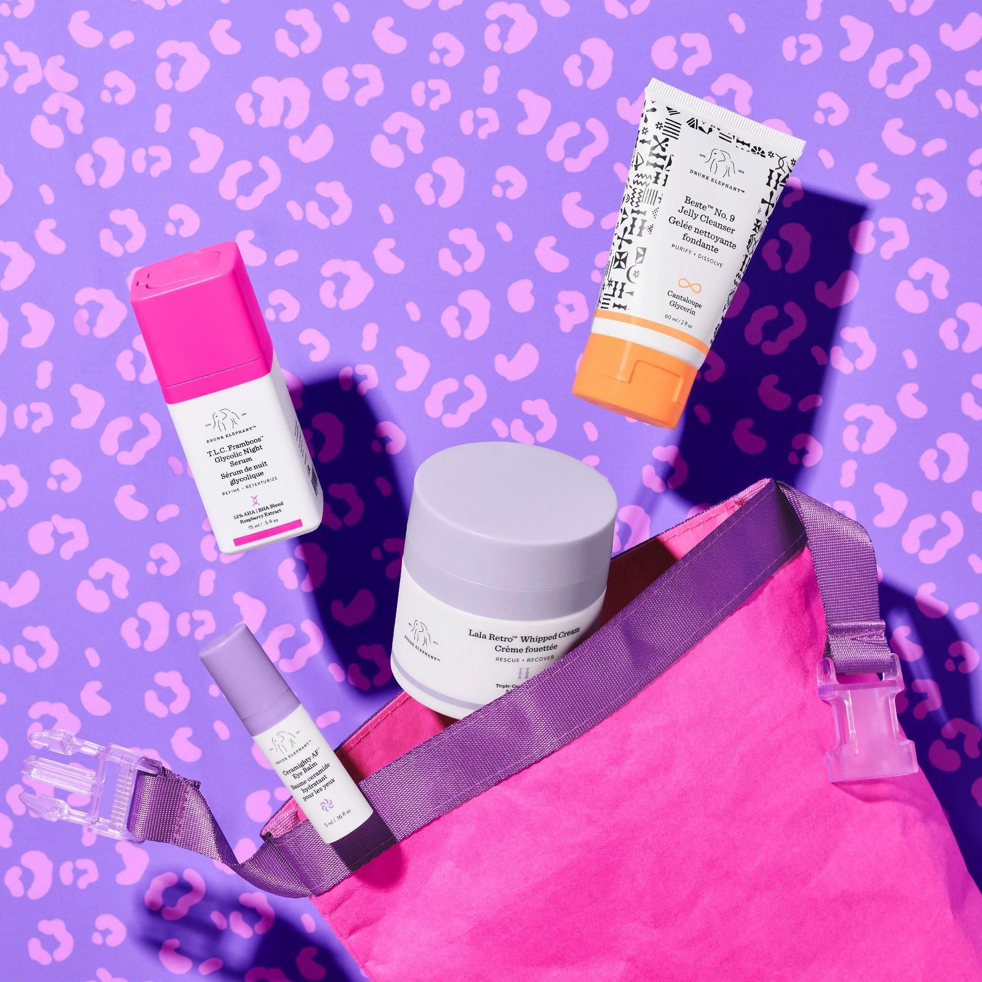 Drunk Elephant Drunk Elephant Wild Night: The Evening Kit: includes Lala Retro Whipped Cream, T.L.C. Framboos Glycolic Night Serum, Ceramighty AF Eye Balm, and Beste No. 9 Jelly Cleanser
