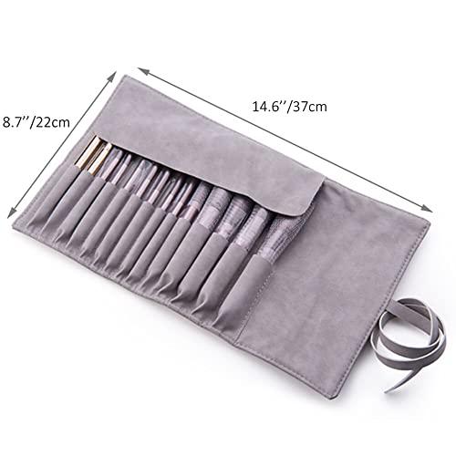 VASANA Gray Soft Makeup Brush Rolling Case Mini Cosmetic Brush Organizer Portable Roll Up Brush Holder Pouch Bag for Travel Business Trip 14 Pockets
