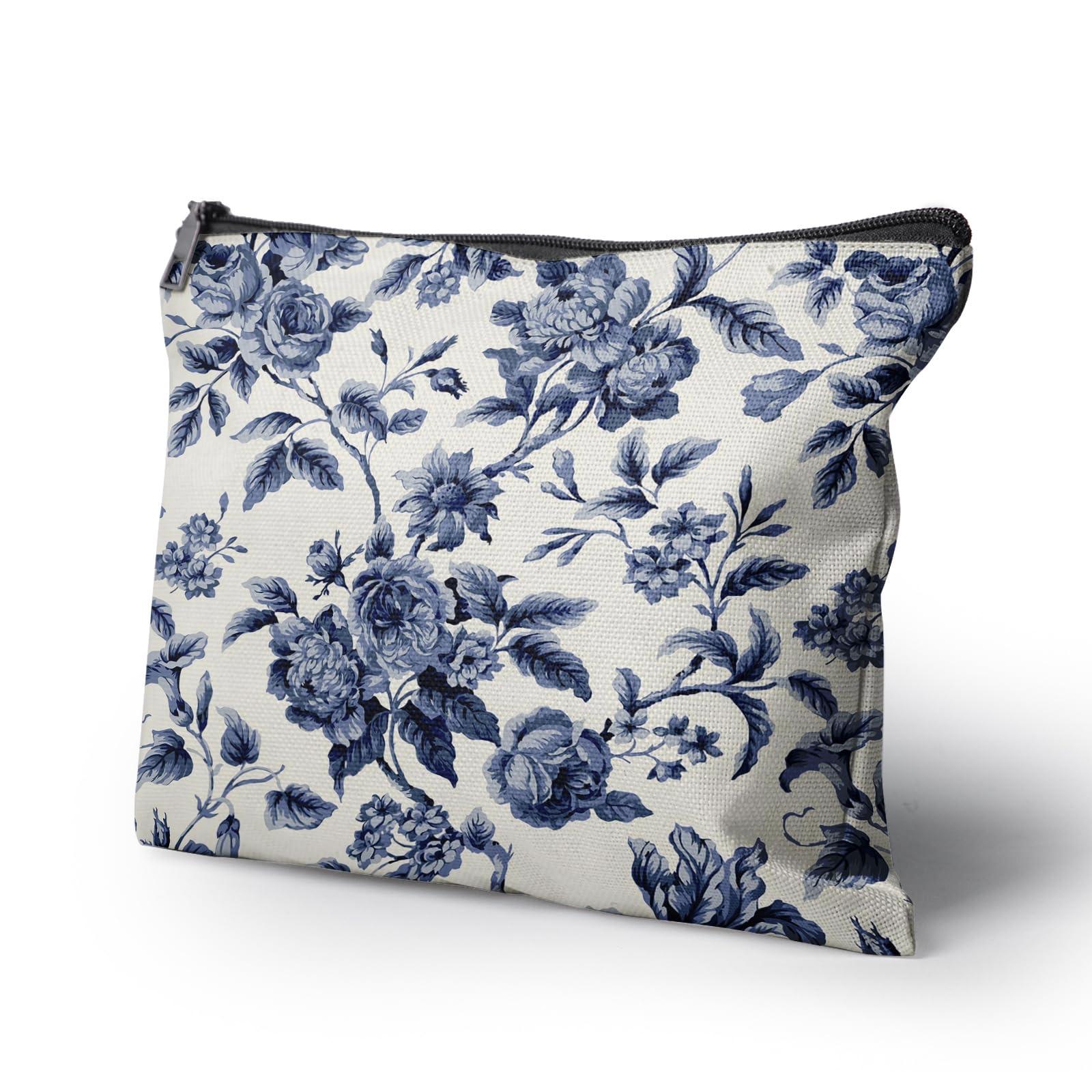 Cafl Cafl Blue Flowers Makeup Bag Botanical Flower Cosmetic Bag for Women Large Capacity Make Up Bag Portable Travel Toiletry Pouch Organizer 10 * 8inch