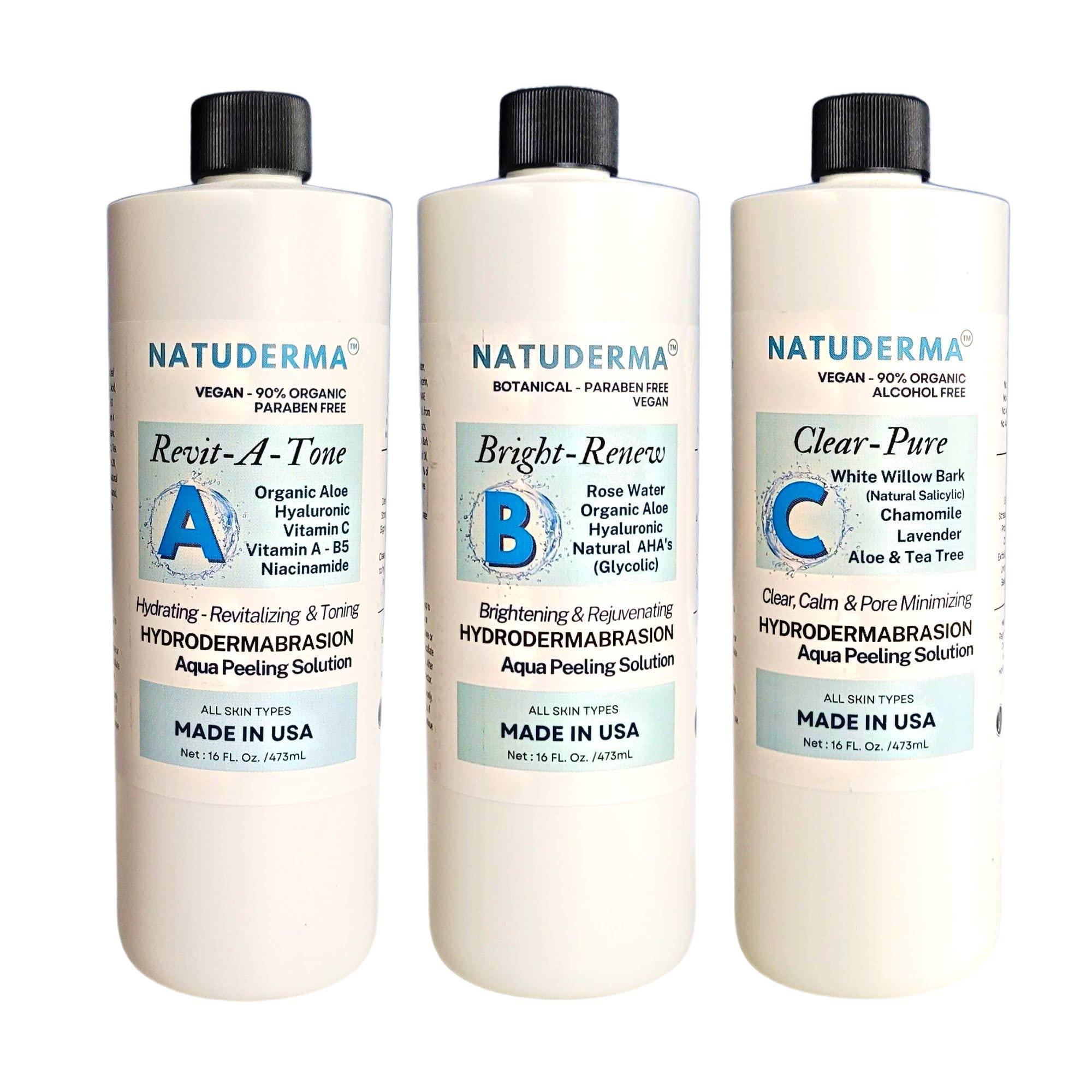 NATUDERMA Hydrodermabrasion Solution, Aqua Peeling Serum, Solution for Wet Microdermabrasion, 3 bottles of 16 oz each, Natuderma Hydro Serum. MADE IN USA