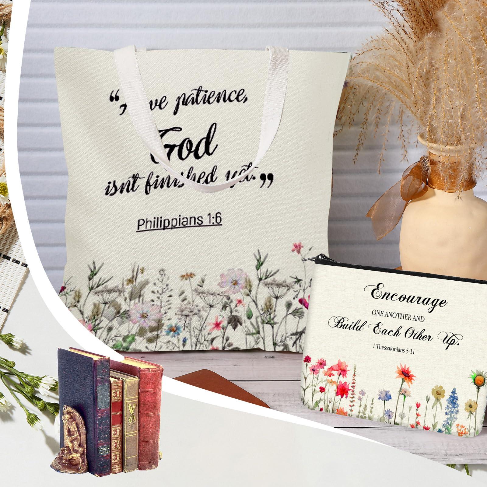 Aliceset Aliceset 12 Pcs Christian Gift for Women Including 6 Pcs Bible Verse Tote Bags 6 Pcs Inspirational Makeup Bags with Zipper Religious Motivational Gifts for Coworkers Christmas Church (Beige,Classic)