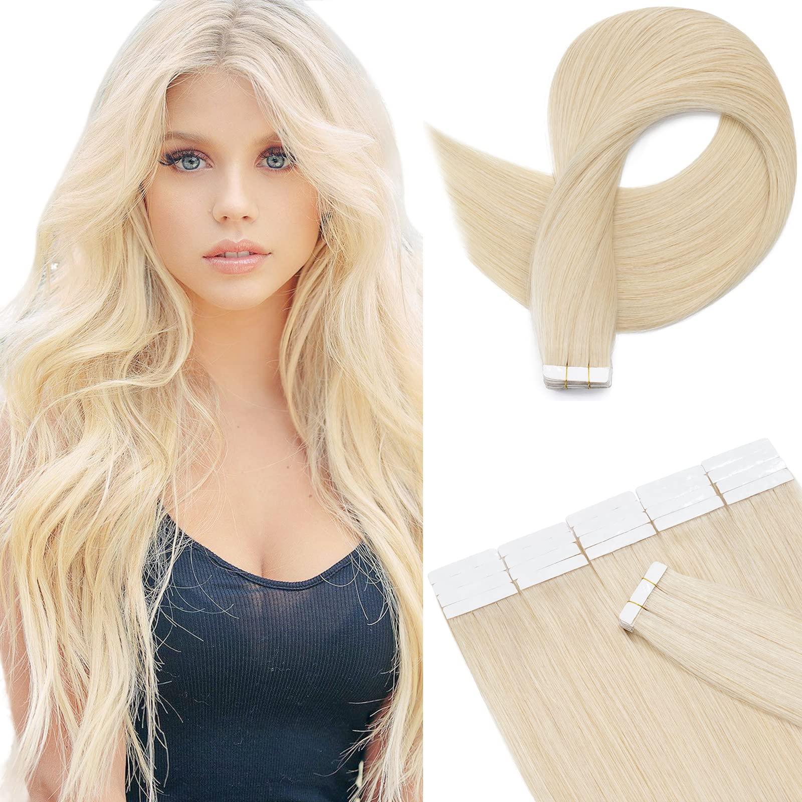Hairro Hairro Tape In Hair Extensions Human Hair Tape Ins Glue In Skin Weft Rooted Tape On Hair Extensions Seamless Invisible Blonde Hair Extensions For Women 20 inch 30g 20pcs #60 Platinum Blonde