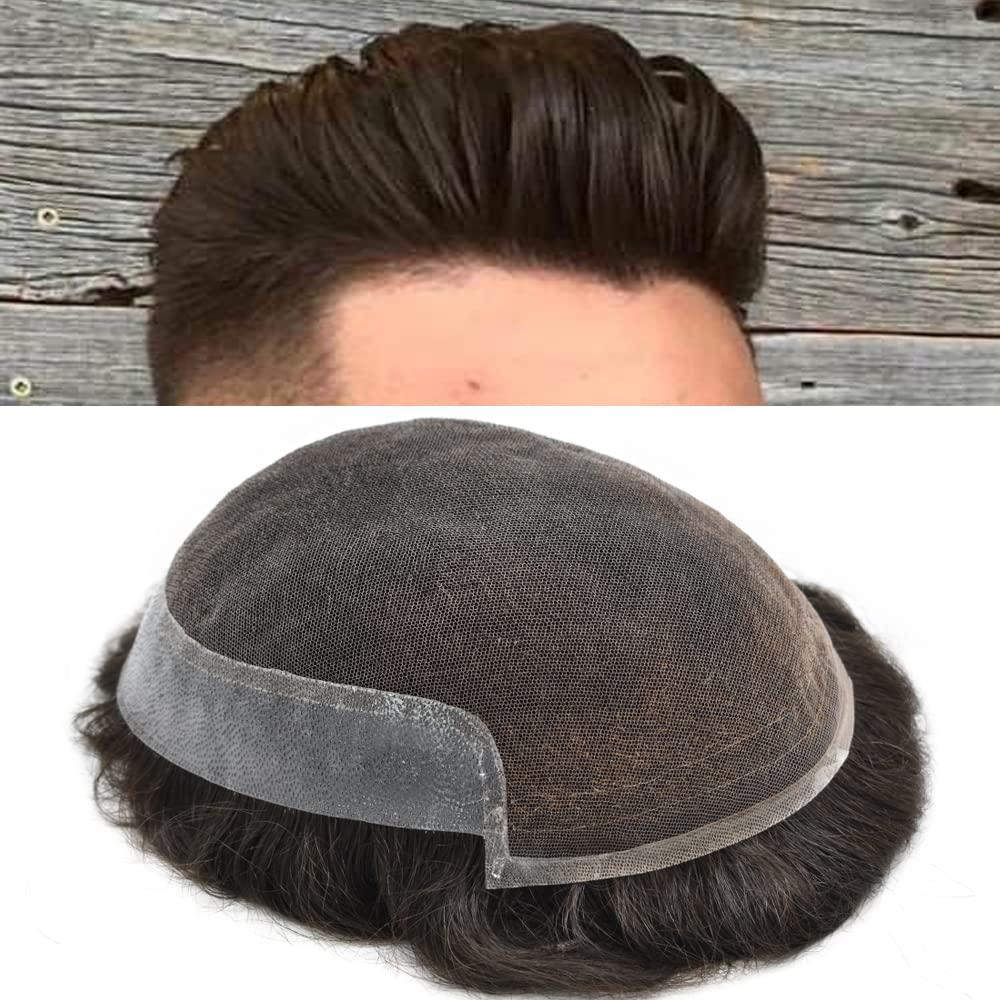 LYRICAL HAIR Toupee For Men Hair System Swiss Lace Hair Pieces Human Hair Mens Toupee Men Hair Replacement System (6 * 9, 1B# Off black-120% density)