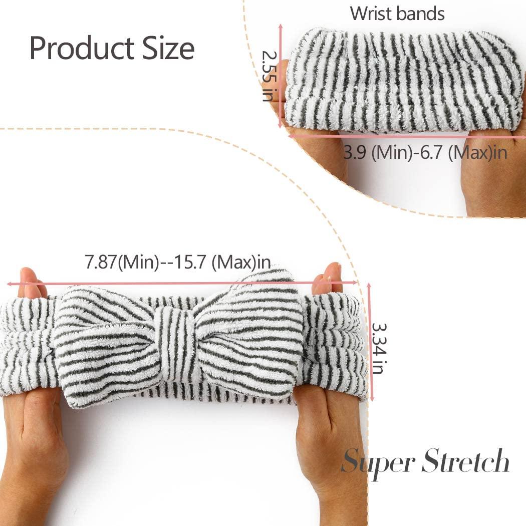Gangel Gangel Cute Bow-Knot Spa Headband and Wrist Bands Set Fuzzy Elastic Makeup Headband Soft Coral Velvet Face Hair Band Washing Face Stripe Bow Skin Care Headbands Charcoal Facial Head Wraps for Women