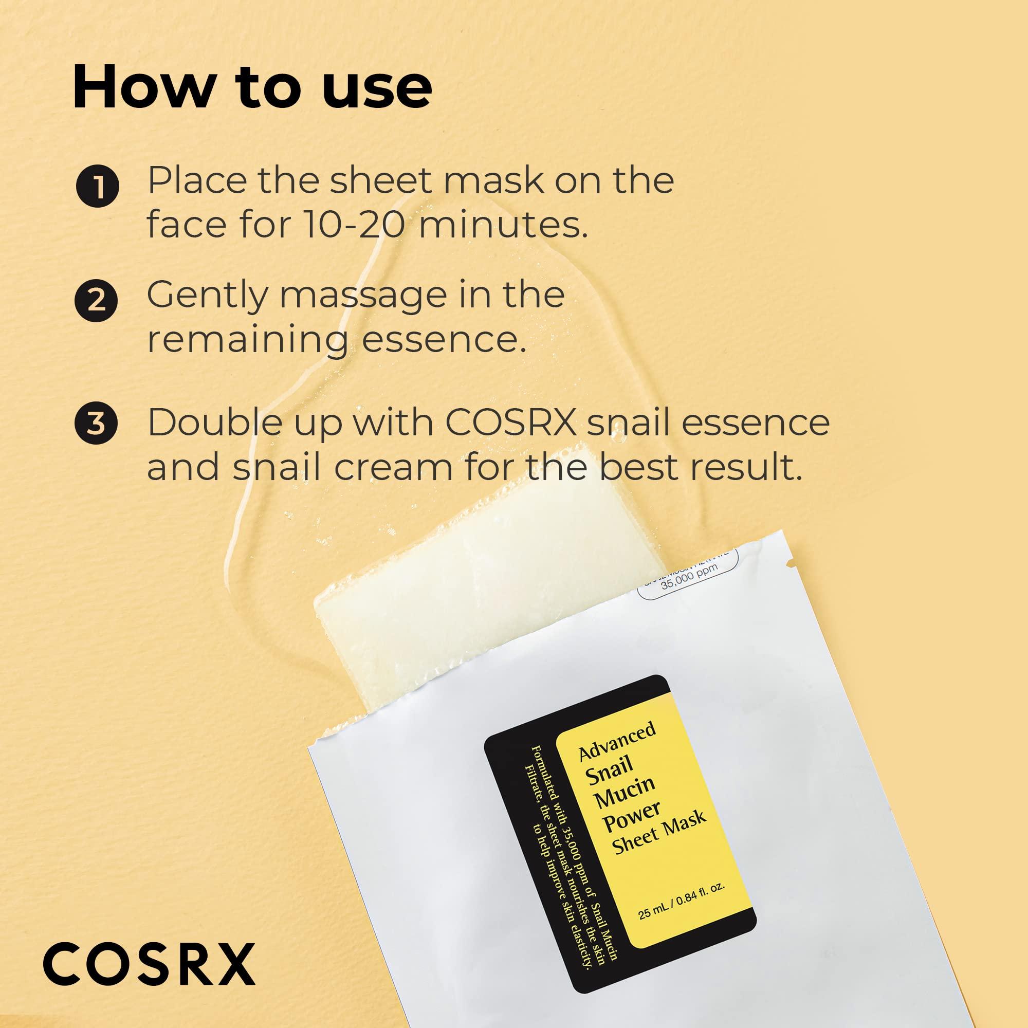 COSRX COSRX Snail Mucin Sheet Mask 10 EA with Snail Mucin Serum, Self Care, Face Masks for Dry, Sensitive Skin, Not Tested on Animals, No Parabens, No Sulfates, Korean Skin Care