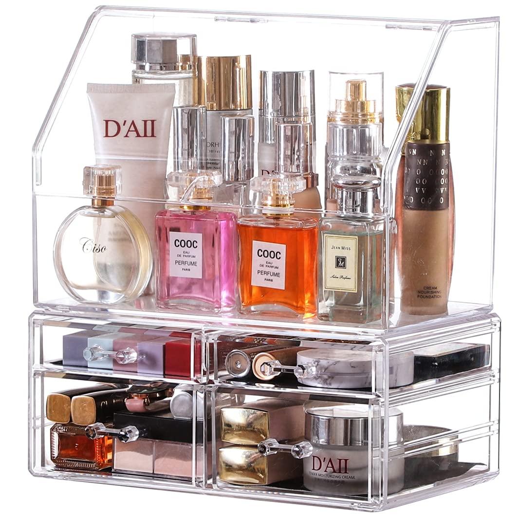 Cq acrylic Celar Makeup Organizer With With Lid,Dustproof Waterproof Design Make up Organizer for Bathroom Countertop,4 Drawers Acrylic Skincare and Cosmetic Storage for Vanity Countertop,Dresser Top Organizer