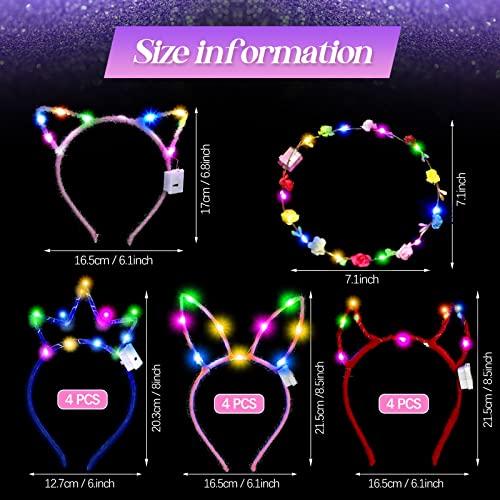 Xinnun 50 Pcs LED Cat Ear Headbands Bulk, Light up Flower Headband Glow Crown Rabbit Ear Hairband Luminous Head Accessories for Glow in the Dark Party Supplies
