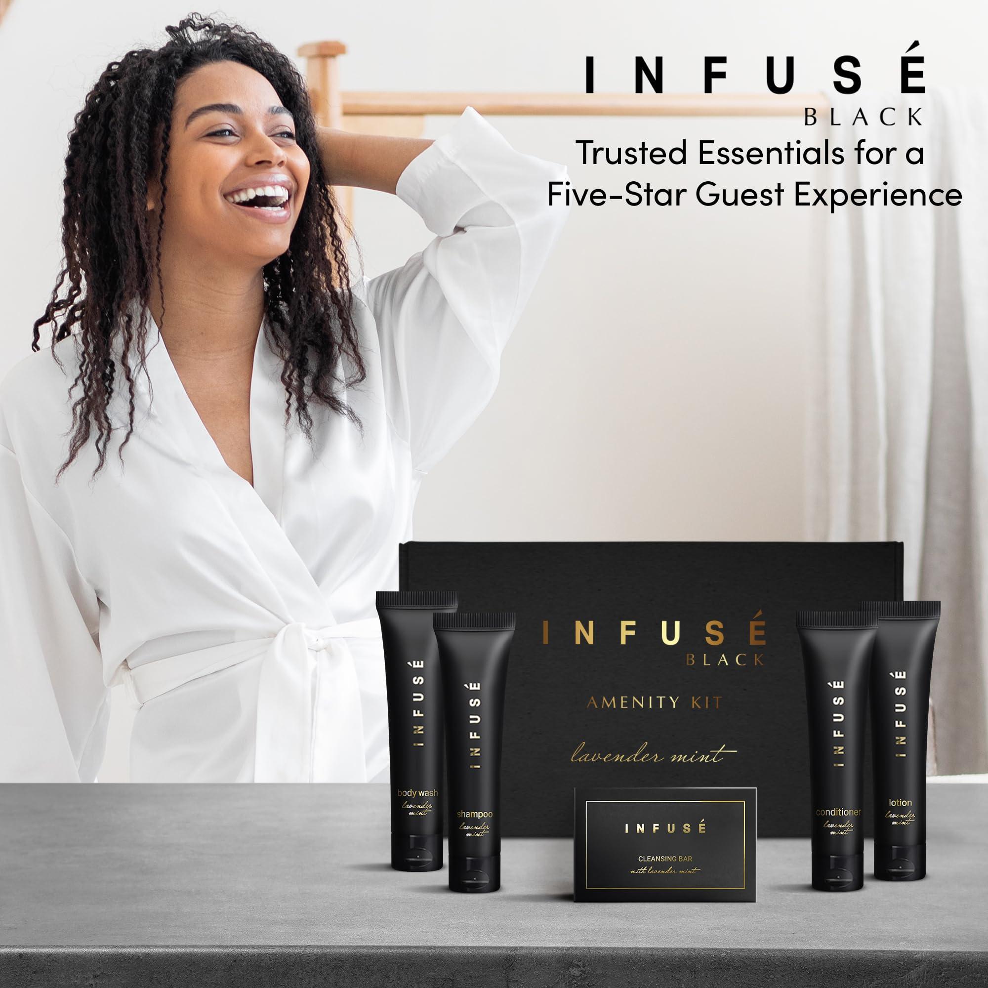 INFUS Infuse Black Amenity Kit | Boxed Hotel Toiletries | Bulk Set 1 oz Travel Size Shampoo, Conditioner, Lotion, Body Wash & Cleansing Bar for Guest Hospitality AirBnB/Vacation Rentals | 75 Pieces