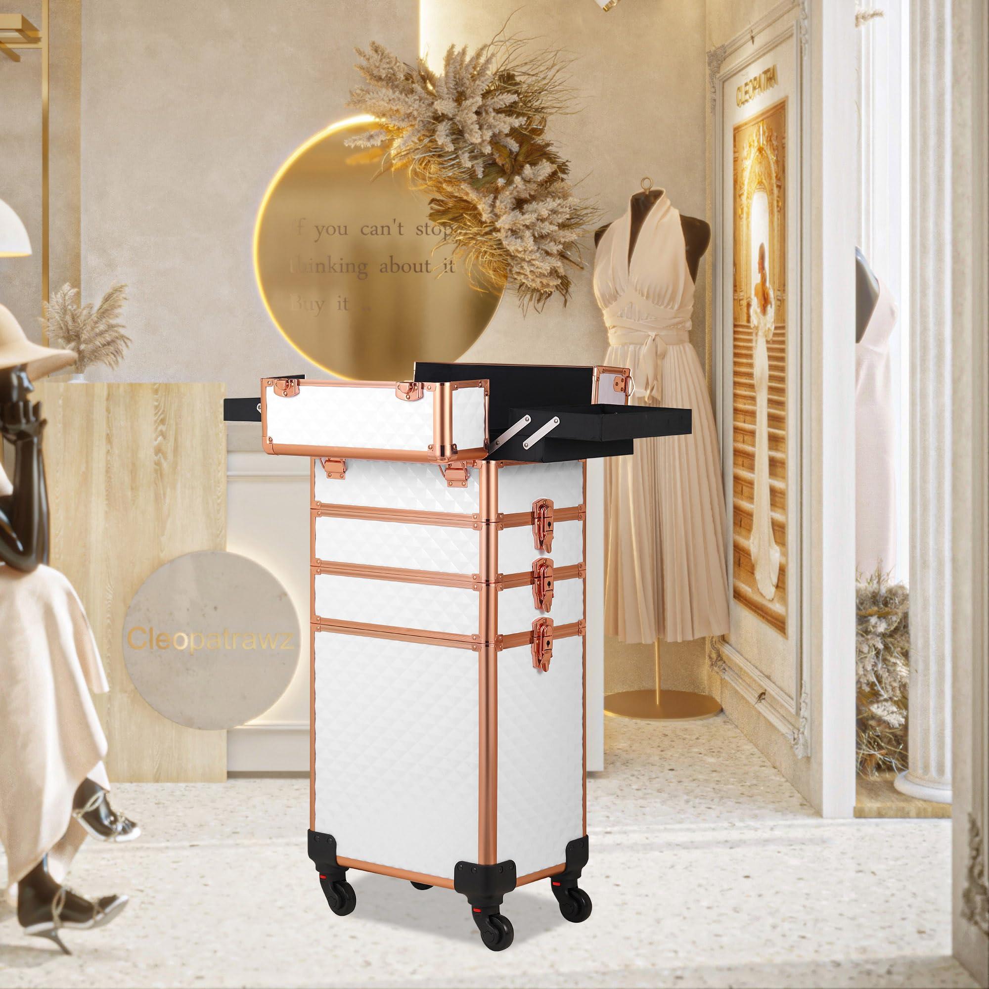 Somduy Somduy Rolling Makeup Case, Makeup Train Case with Lid, 5 in 1 Cosmetology Case on Wheels, Christmas Gift, Large Makeup Case Organizers, Profesional Cosmetic Case for Salon Barber, White Gold