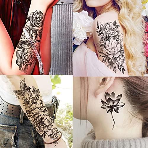 Yezunir Yezunir 66 Sheets 3D Owl Tiger Flower Temporary Tattoos For Women Girls Arm Sleeve Thigh, Large Skull Lotus Snake Peony Rose Floral Temp Tattoo Sticker Adult, Fake Tattoos That Look Real and Last Long