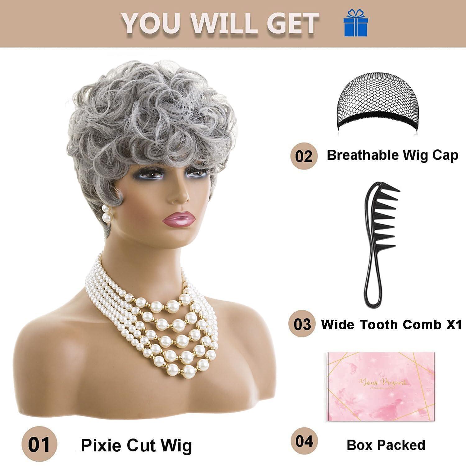 MOONSHOW MOONSHOW Grey Pixie Cut Wig Short Grey Wigs for Black Women Pixie Cut Wig Short Pixie Gray Wigs for Blcak Women Synthetic Pixie Wig Natural Wavy Short Curly Gray Pixie Cut Wigs for Old Women(Grey)