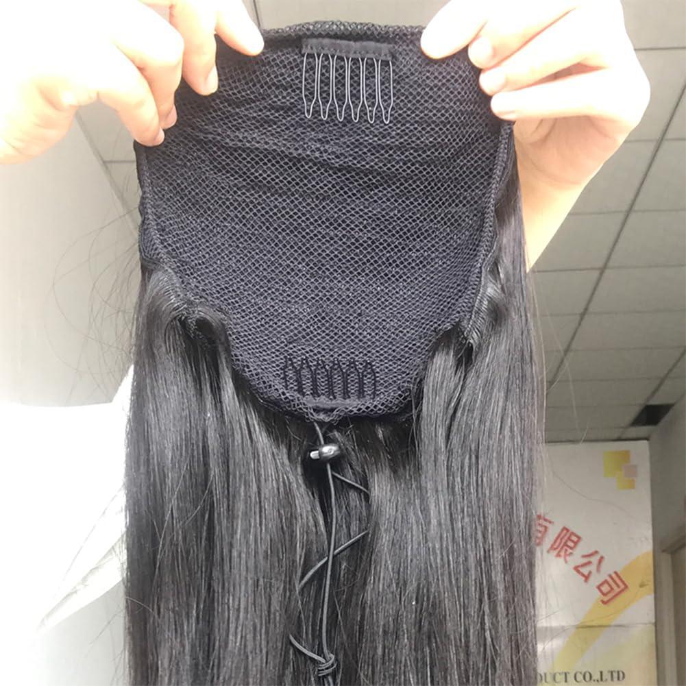 Kiss darling LASHES Drawstring Ponytail Straight Human Hair Clip in Hair Extension 28inch 150g Natural Black 100% Brazilian Human Hair Ponytails Hair Piece for Women Full Thick Ponytail