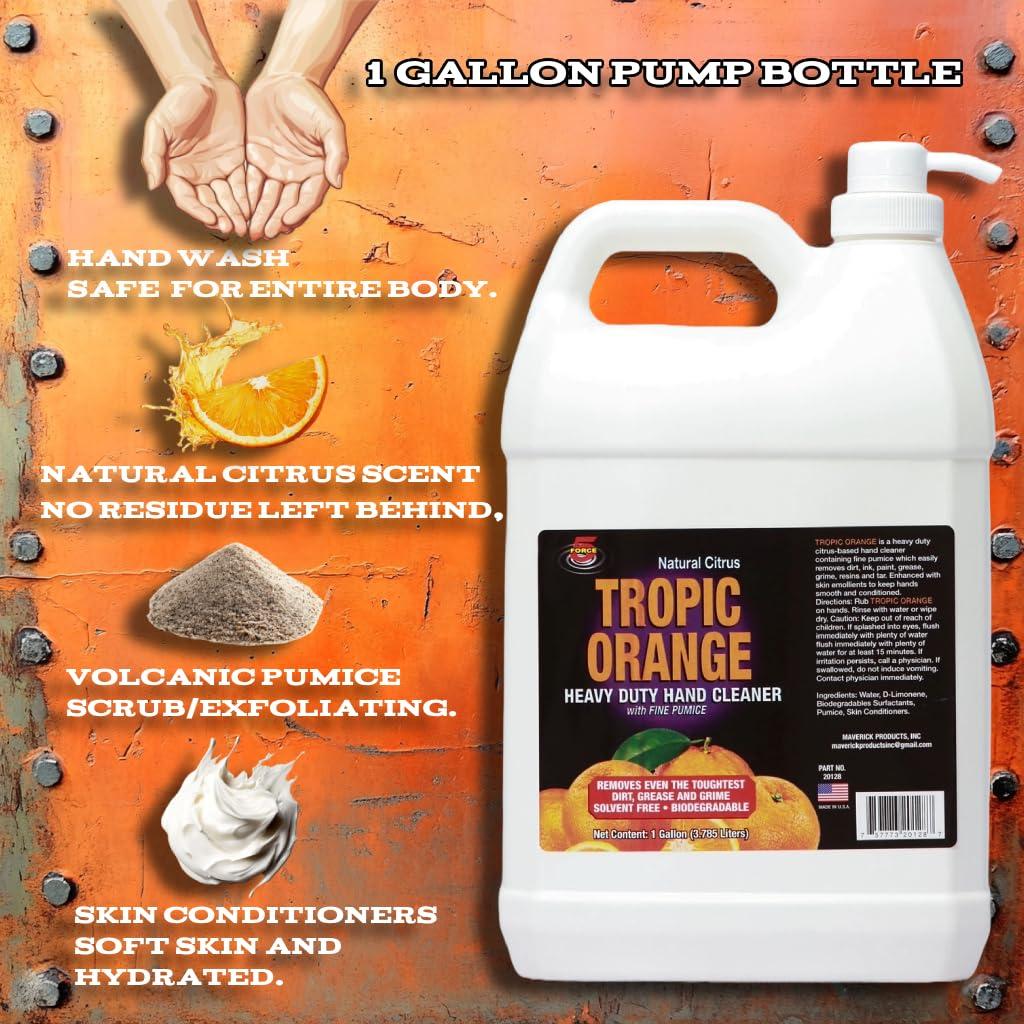 Force 5 Force 5 - Tropic Orange Hand Cleaner for Mechanics  Heavy-Duty Mechanic Soap, Liquid Hand Soap with Natural Pumice & Citrus to Remove Tough Grease, Oil & Dirt  Moisturizing (4 Pack)