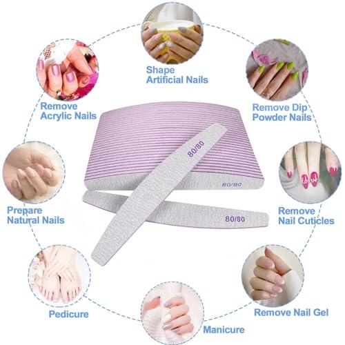jecxucci 80/80 Grit Nail Files 24 Pack, Emery Boards for Acrylic Nails and Gel Nails, Coarse Nail File Double Sided 80 Grits Professional Nail Filers Washable Manicure Tool Curved Fingernail Files