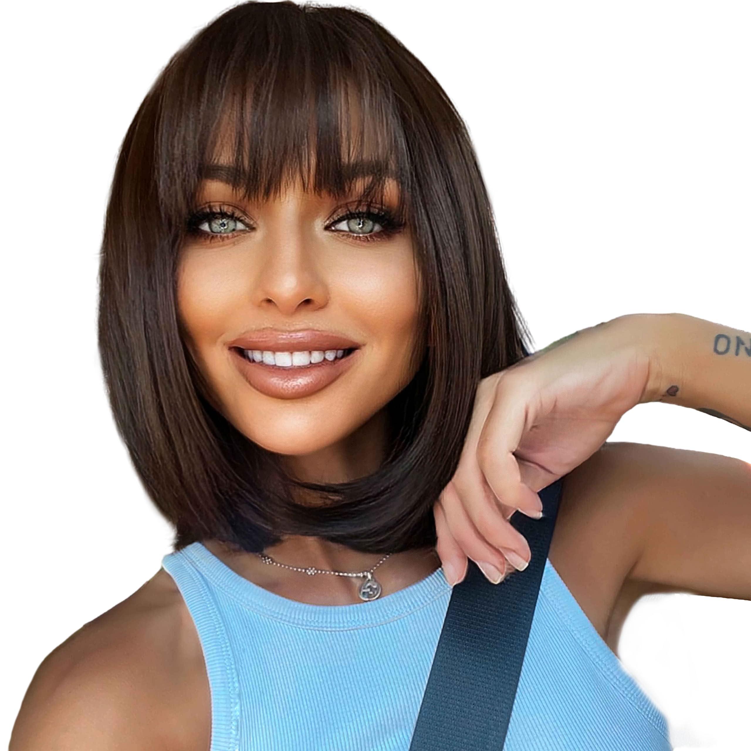 EMMOR EMMOR Dark Brown Bob Wigs for Women Shoulder Length Synthetic Wig with Fringe Bangs High Heat Resistant Wig(Dark Brown)